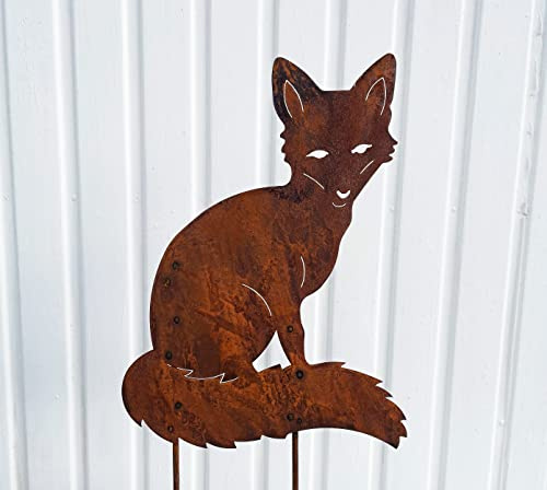 STEINFIGURENWELT GIEBEN Fuchs sitzend 40x30cm zum Stecken Gartenstecker Edelrost Gartendeko Wetterfest Rost Gartenfigur Metall Rostfigur Tier Waldtier