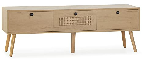 HOMN LIVING TV-Schrank Bella 3 Türen, Eiche mit natürlichem Rattan, 120 cm (Breite) 39 cm (Tiefe) 41 cm (Höhe)