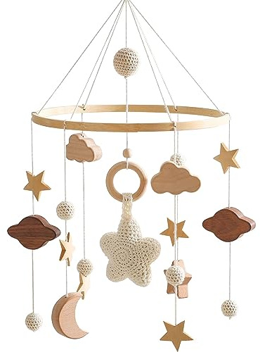 Sunshine Smile Mobile - Hängande mobil för säng, unik filt babymobil, naturligt trä och bomull, giftfritt, lugnande ljud, nyfödd present till baby (unisex, klar himmel)