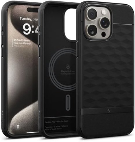 Caseology Parallax Mag Kompatibel mit iPhone 15 Pro Max Hülle [Magnetisch] [Schutz in Militärqualität] mit Seitlichen Griffmustern iPhone 15 Pro Max Hülle - Matt Schwarz