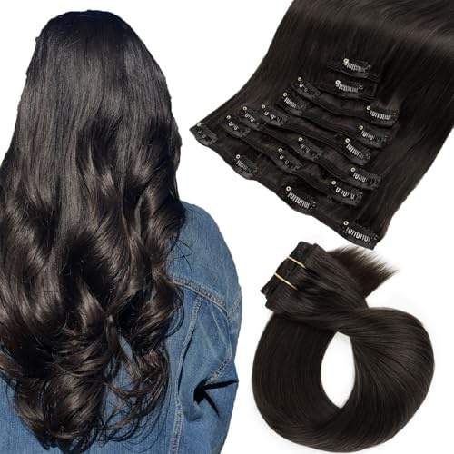 ABH AMAZINGBEAUTY HAIR Clip in Extensions Echthaar Clip in Verlängerungen Schwarze Extensions Clip in Extensions Gerade und Unsichtbar mit Doppeltem Hauteinschlag Natürlich e Schwarze #1B 45cm 120g