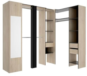 Vente-unique-Eckkleiderschrank mit Vorhang & 1 Tür - Mit Spiegel - 231 cm - Holzfarben & Anthrazit - Bertrand