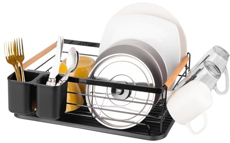 Innoteck 1 Tier Dish Drainer Rack - with Removable Cutlery Holder and Metal Base Drip Tray - Large Capacity with Rustproof - Organiser for Kitchen Counter - 41.5 x 30.5 x 14 cm - Black