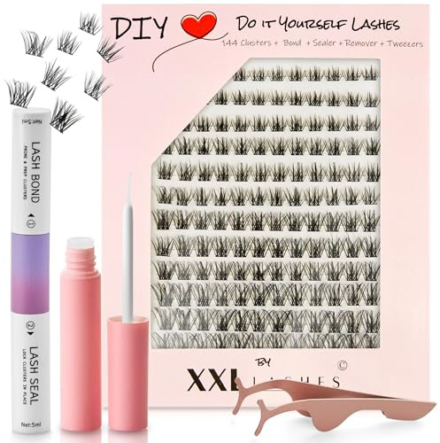 DIY Do it Yourself Wimpernset, XXL Lashes Wimpernverlängerungsset, 144 Cluster-Wimpern in 5 verschiedenen Längen, inklusive Bond/Kleber, Versiegelung, Entferner, Applikator und Anleitung