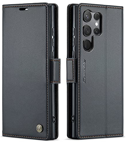 QLTYPRI Hülle für Samsung Galaxy S24 Ultra Handyhülle mit RFID Schutzhülle, Vintage Leder Hülle mit Kartenfach Ständer PU Ledertasche Stoßfeste Flip Wallet Case für Samsung S24 Ultra - Schwarz