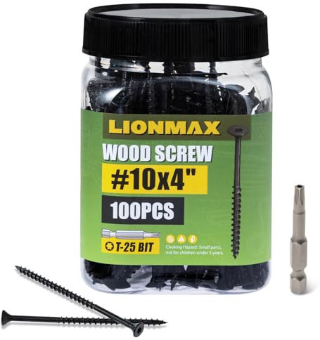 LIONMAX Deck Screws 4 Inch, Wood Screws #10 x 4, 100 PCS, Rust Resistant, Exterior Epoxy Coated, Outdoor Decking Screws, Torx/Star Drive Head Screw, T25 Star Bit Included, Black