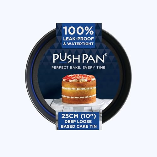 PushPan 10 Inch Deep Cake Tin | Patented Silicone Seal | Leak-Proof & Watertight Round Baking Tin | Non-Stick Low Carbon Steel | 25cm Cake Tin | Dishwasher, Oven & Freezer Safe