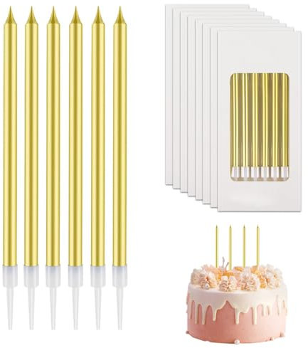 QEDBOJE 48 Stücke Geburtstagskerzen Für Torte, Dünne Lange, Mit Haltern, Für Geburtstagskerzen, Kinder & Erwachsene, Für Dekorative Geburtstagstorte, Babyparty (Gold)