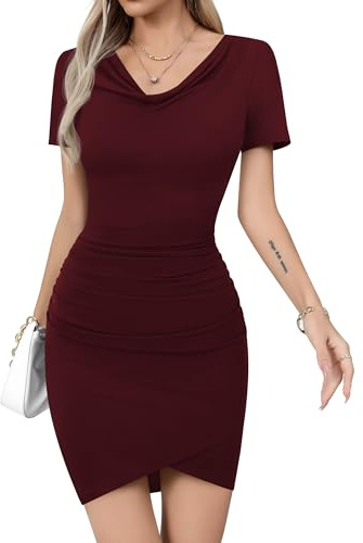 Missufe Robe d'été décontractée pour femme - Bodycon - Manches courtes - Ajustée - Décolleté en V - Coupe crayon - T-shirt - Robe longue, rouge bordeaux, L