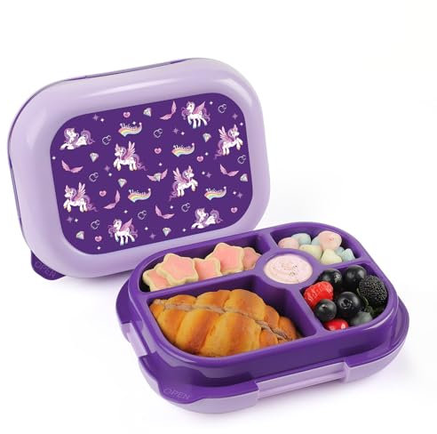 wooshwa Kids Lunch Box with 5 Compartments for School, Toddler Bento Box with Removable Tray, Ideal for Ages 3+, Lunch Container for Girls, BPA-Free, Dishwasher Safe (Purple Unicorn)