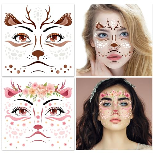 HOWAF 4 Bogen Gesichtstattoo Reh Tattoo, Gesichtstattoo Karneval Halloween Tattoo Gesicht Temporäre Tattoos für Rentier Reh Kostüm, Rehkostüm, Faschingskostüme Halloween Karneval Fasching Kostüm