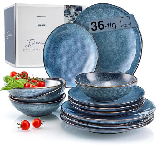 SÄNGER | Tafelservice Darwin 36 tlg, Steingut Geschirrset 12 Personen, Teller Set in Blau inkl. Speiseteller Dessertteler & Tiefe Teller, Essgeschirr, Geschirr Set Handmade | PREMIUM COLLECTION