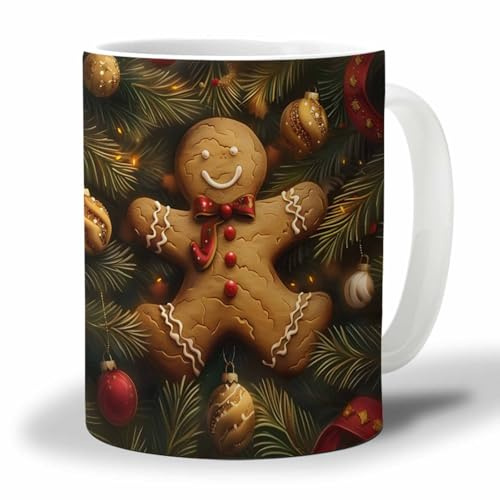 Oudrspo Tasse à café marron rouge, bonhomme en pain d'épice, branches de pin, boules lumineuses de Noël, tasse à thé pour femmes et hommes, cadeaux pour la fête des mères, cadeau de remise de diplôme