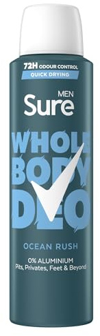Sure Men Ocean Rush Whole Body All Over Body Deodorant Spray with a herbal & woody fragrance and 72 hour odour control 150ml
