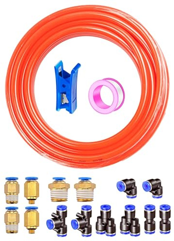HAXIHA 10 Metros Manguera Neumática 8mm OD/5 mm ID, Naranja Tubo Aire Comprimido Poliuretano PU Manguera de Aire Tubo Kit,Conexión Rápida de Tuberías de Aire 32.8ft con 14Pcs Guarniciones Neumaticas