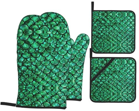 Guanti Da Forno E Presine Da Cucina Set, Green Fish Scales Stylish Guanti Da Cucina Professionale Guanti Da Forno Antiscivolo Guanti Da Forno Per Forno Microonde Grill