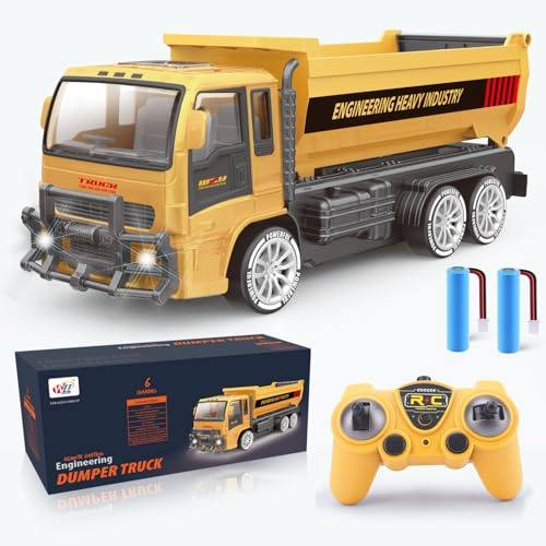 Remote Control Dump Truck Toys, 6-Channel RC Construction Vehicle with Lighting, 2.4Ghz RC Tractor Toy with Light, Construction Vehicles Toys Car for Boys 3 4 5 6 7 8-12 Year Old， Birthday Gift Boy