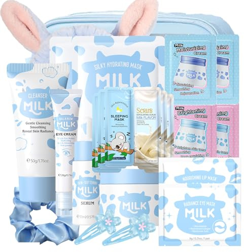 Milk Skin Care Sets & Kits - Teenage Girls Gifts - Milk Skincare Set for Teen Skincare - Gifts For Women - Travel Skincare Set Daily Face Care - Deep Hydrating Smoothing 23PCS