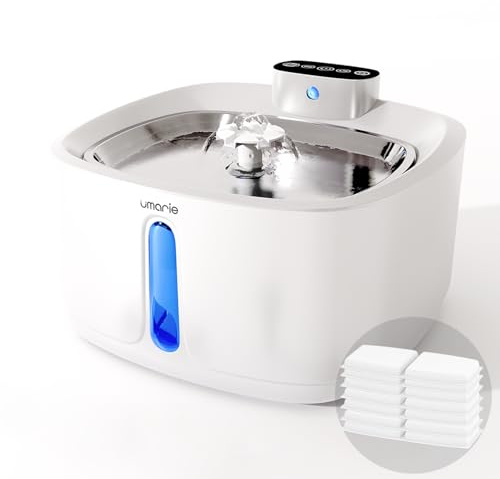 Umarie Katzenbrunnen Kabellos mit Bewegungsmelder- 7 Filter + 3 Schaumstofffilter - 3,2L Leiser Trinkbrunnen für Katze & Hunde (25dB), 4000mAh Akku, Edelstahl Trinktablett