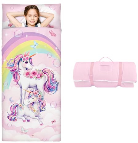 Grandi Dimensioni Sacco a Pelo Bambino con Rimovibile Cuscino 170×75cm, Pieghevole Nap Mat Caldo per Bambini Ragazze, Nap Mats con Doppia Cerniera per Campeggio, Scuola Materna e Asilo, Unicorno