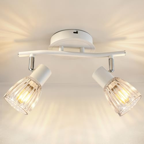 Unikcst Deckenstrahler 2-flammig Weiß E14 schwenkbar Glas | Glas-Schirm, Decken- oder Wandmontage, für Küche, Wohnzimmer, Flur, Schlafzimmer , Ohne Leuchtmittel