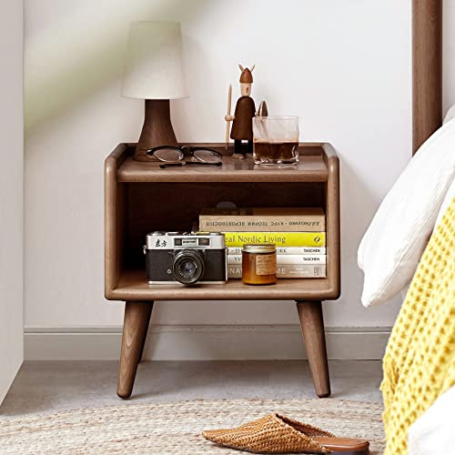Solid Wood Nightstand, European Beech Bedside Cabinet with Open Storage, Nordic Modern Bedroom Side Table, 16 W * 16 D * 14 H, Walnut
