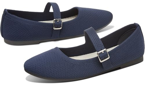 AISFAES Women Knit Mary Jane Flats Breathable Mesh Strap Ballet Flats Soft Round Toe Washable Ballet Shoes Stylish Business Casual Dress Flats(Navy,US7)