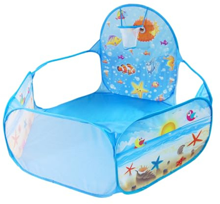 Piscina de Balones para Niños Plegable Hexagonal de Poliéster Azul | Aro de Baloncesto, Soporte Estable, Malla E Hierro, Área Protegida para Juego en Guardería y Patio