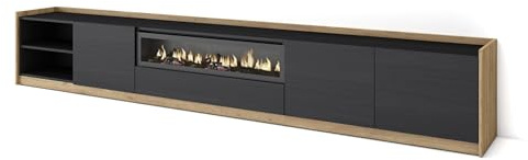 Skraut Home | Mueble TV | Televisión | Muebles de salón, almacenaje | 310x50x37 cm | para TV hasta 80 | Chimenea eléctrica | Estilo Moderno | Negro y Roble