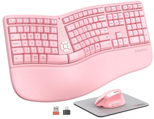 MEETION Ergonomic Keyboard and Mouse, Wireless Keyboard with Vertical Mouse, Split Curved Keyboard with Wrist Rest, Natural Typing Full Size, Windows/Mac/Computer/Laptop, Pink