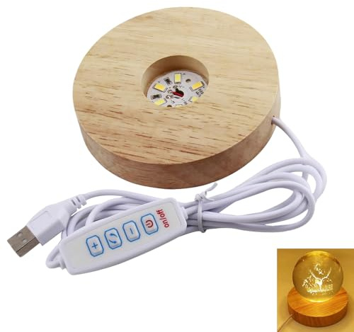 Wooden LED Light Display Base Stand 10CM, USB Round Light Base with 3 Modes