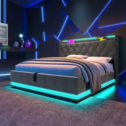 Upholstered Ottoman Bed with 360 Surround LED Lighting&Charging Station, 4ft6 Double Bed Frame with Hydraulic Lift&LED Storage Headboard, Linen Functional Upholstered Bed with Slat, No Mattress, Grey