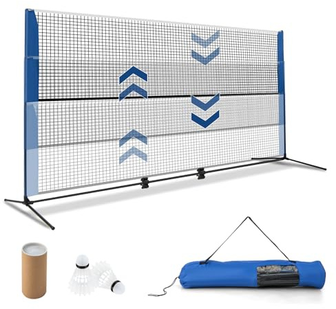COSTWAY Filet de Badminton Portable à Hauteur Réglable | Set de Badminton avec 2 Volants, Repose-Pieds, Coussinets de Serrage et Sac de Transport pour Jardin et Plage