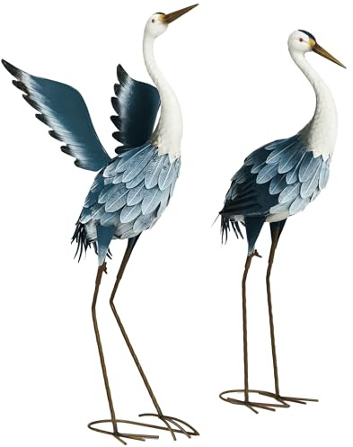 Outsunny Heron Garden Statues, Standing Garden Ornament, Metal Garden Gift with Stakes for Patio, Garden, Landscape Decoration Set of 2, Blue & White