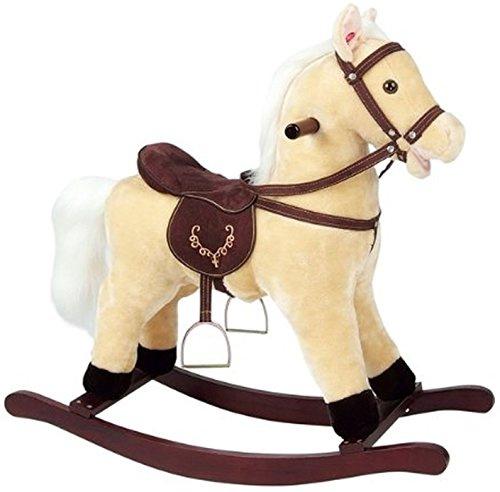 BAYAGU Cavallo a Dondolo per Bambini in Peluche con Suoni, Morbido e Interattivo con Struttura in Legno Sella e Staffe Giocattolo Sicuro per Divertimento e Relax Idea Regalo 74x30x70 cm.