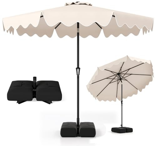 COSTWAY 2.71M/2.8M/3M Garden Parasol, 8 Ribs Heavy-Duty Sun Shade Canopy with Tilt and Ruffled Edges, Outdoor Market Table Umbrella for Beach Balcony Pool(Beige-with Weighted Base, 2.8m)