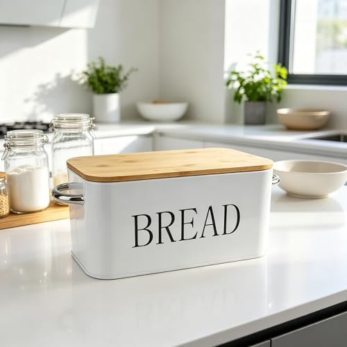 zidiau Retro Farmhouse Metal Bread Box, Airtight Stackable Bread Storage Container with Bamboo Lid, White Bread Bin for Kitchen Countertop Baked Goods Storage