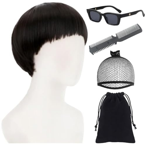 Thhiit 5 Pcs Bowl Cut Wig Set, Funny Black Bangs Toupee Wigs for Women Men | Wigs kit includes 1 set of short black hair + 1 black hair net + 1 pair of glasses + 1 thinning comb + 1 black storage bag