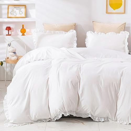 AShanlan Bettwäsche Rüschen 200x200 Weiß Romantisch Bettwäsche-Sets 3teilig | Bettbezug 200x200 mit 2 Kissenbezug 80x80 cm, 100% Weich Mikrofaser, ÖKO-TEX, Reißverschluss