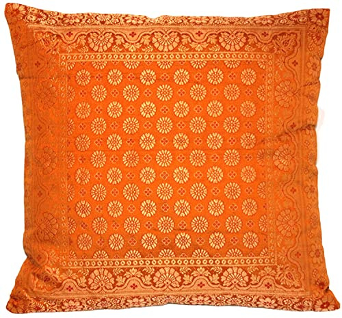 Ruwado Indische Banarasi Seide Deko Kissenbezüge 40 cm x 40 cm, Extravaganten Designs für Wohnzimmer und Schlafzimmer Dekoration - Blumen Muster 40 x 40 cm | 16 x 16 Zoll, Ocker.