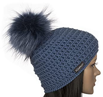 Merino Mütze ANDERMATT blau Unisex mit veganem Bommel Damen-Mütze Herren-Mütze Wollmütze Bommelmütze Pudelmütze Beanie Haube siamo-handmade
