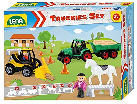 Lena 01632 Truckies Set Bauernhof 13 teilig, Inhalt: Traktor mit Anhänger 36 cm, Radlader ca. 21 cm, 3 Spielfiguren, 1 Pferd, 2 Barken & 5 Pylone, Nutzfahrzeuge & Figuren für Kinder ab 2 Jahren