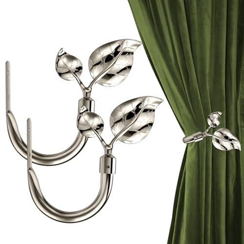 HIKMLK Leaf Shaped Curtain Holdbacks 2pcs, Handmade Metal Curtain Side Holders for Wall, Curtain Tieback Hook Pull Backs for Drapes Window Home Decoration (Nickel)