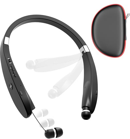 Bluetooth Neckband Headphones, Dpvisn Foldable Wireless Lightweight Neck Headset with Retractable Earbuds, Noise Cancelling Sweatproof Stereo Earphones with Mic & Carrying Case (Black)