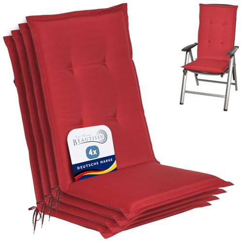 Beautissu 4er Set Gartenstuhlauflage für Hochlehner Gartenmöbel Sitzkissen | 120x50x6cm Rot weiche Polster Auflage Sitzpolster Stuhlauflage Füllung Schaumkern Gartenpolster Loft HL