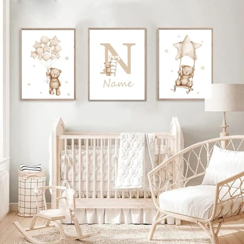 Youihom 3 Kundengerecht Baby Name Tier Bilders Safari Löwe Elefant Pflanze Poster Kinderzimmer Babyzimmer Dekoration Kunstdrucke Segeltuch Kinder DIN A3 kein Rahmen