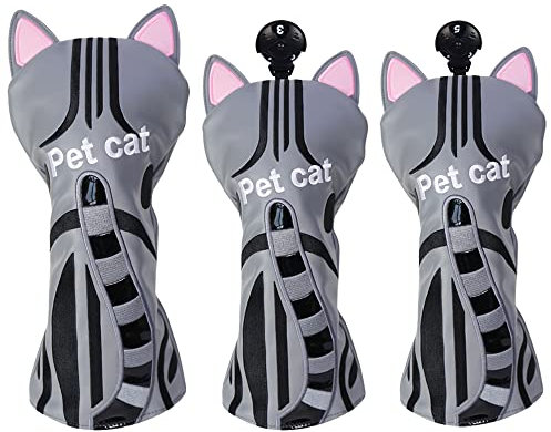 GOLTERS Golf Club Head Cover Cat Putter Headcover Blade Mallet Cover Driver Fairway Wood Elastic Bands Club Protection Fit Oversize Cover (1 3 5 Wood (Grey))