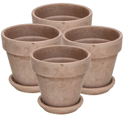 KOTARBAU® Terrakotta Blumentopf mit Untersetzer ⌀ 11,5 cm, Tontopf mit Rand | 4er Set Übertöpfe für Zimmerpflanzen 10,5 cm hoch, Kräutertopf klein, Übertopf mit Abflussloch, Keramik unglasiert, Mokka