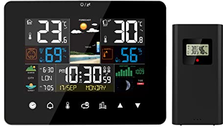 Ailgely Station météo sans Fil avec capteur extérieur,thermomètre hygromètre Digital,Station météo Radio pilotée,Multifonction, écran Couleur,réveil,prévisions météorologiques