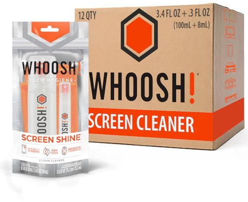 WHOOSH! Lot de 12 sprays nettoyants pour écran 3,4 et 8,9 ml + 2 lingettes en microfibre – Duo avec grandes bouteilles de voyage pour voiture, ordinateur, ordinateur portable, MacBook, iPad,